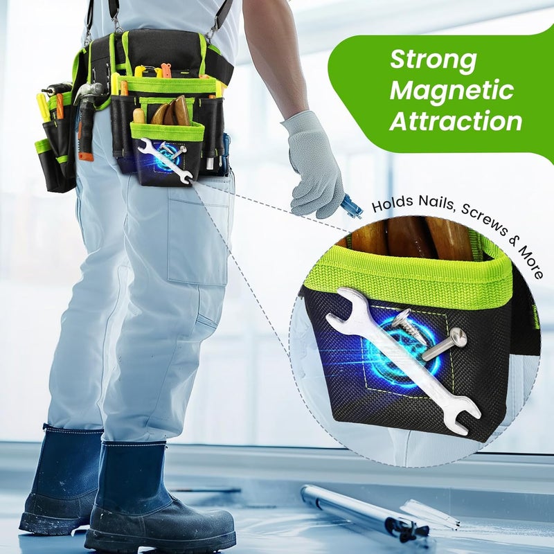 TEKCHIC Tool Belt, Professional Tool Belts for Men, Magnetic Tool Pouch With Suspenders, Heavy Duty Detachable Adjustable Utility Belt Work Bags for Electrician, Carpenter (Black and Green, 32"-66") - Image 5